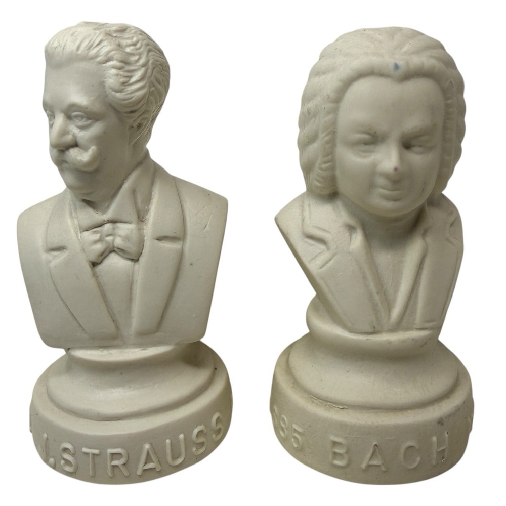 Halbe Music Composer Figure Busts Set Of 2 Statuettes Bach & J.Strauss 4.5"  VTG
